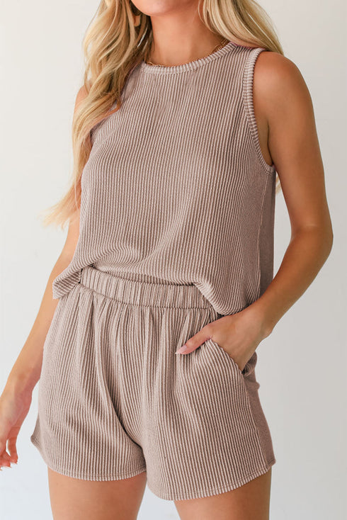 Textured Corded Sleeveless Pocketed Two Piece Shorts Set