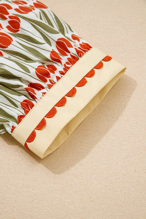 Rick Rack Tulip Print Puff Sleeve Cotton Floral Dress