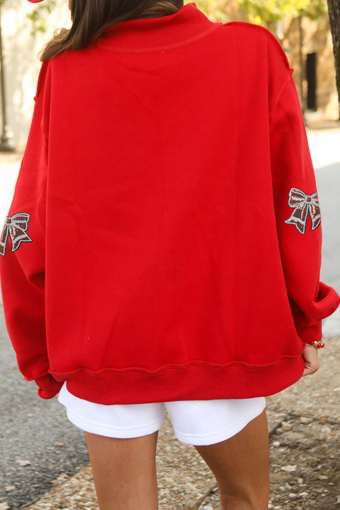 Sequin Bow Knot Graphic Mock Neck Sweatshirt