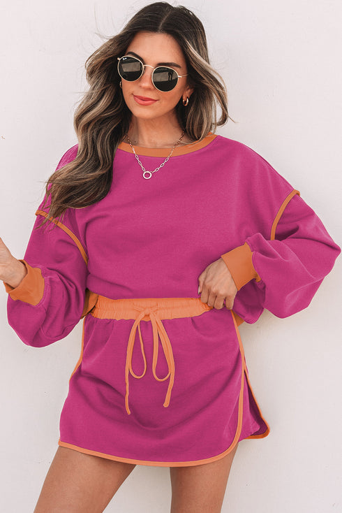 Paneled Loose Pullover And Lace Up Skort Two Piece Set