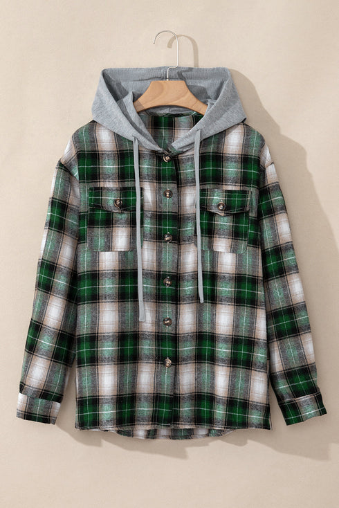 Plaid Print Chest Pocket Button Down Hooded Shacket