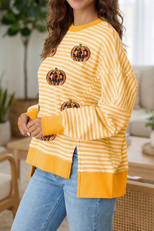 Sequin Pumpkin Face Stripe Split Side Long Sleeve Tee