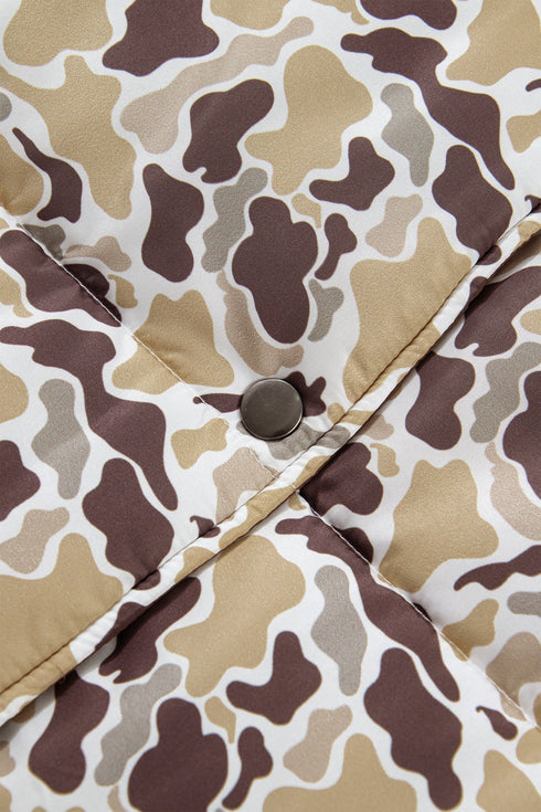 Camouflage Quilted Metal Button Collared Puffer Coat