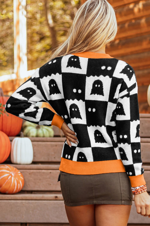 High Neck Drop Shoulder Geometric Print Sweater