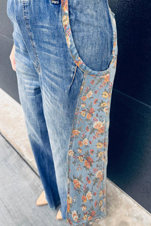 Southern Belle Floral Patchwork Wide Leg Denim Jumpsuit