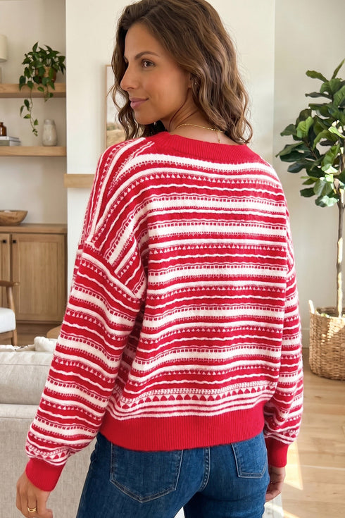 Geometric Striped Pattern V Neck Button Front Cardigan