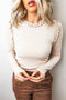Ribbed Round Neck Frill Detail Long Sleeve Top