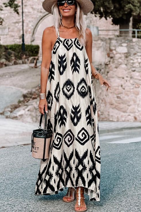 Abstract Geometric Pattern Sleeveless Flowy Maxi Dress