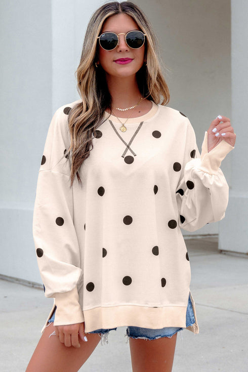 Polka Dot Loose Long Sleeve Split Hem Pullover Top
