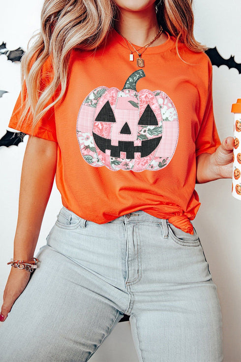Patchwork Pumpkin Round Neck Short Sleeve Graphic Tee