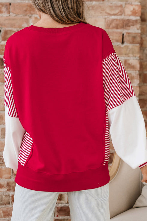 Striped Paneled Sleeve Varsity Graphic Pullover Sweatshirt