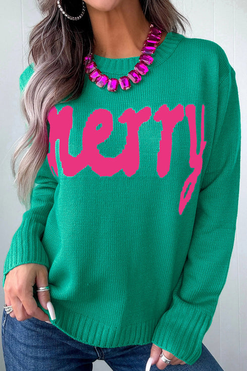 Merry Print Ribbed Trim Round Neck Loose Sweater