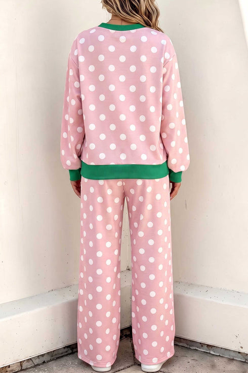 Polka Dot Trim Long Sleeve Top Drawstring Shift Pant Set