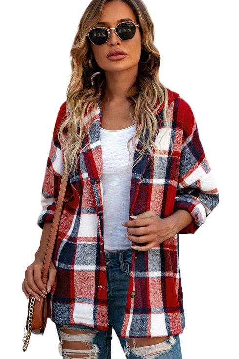 Casual Hooded Button Front Plaid Print Shacket