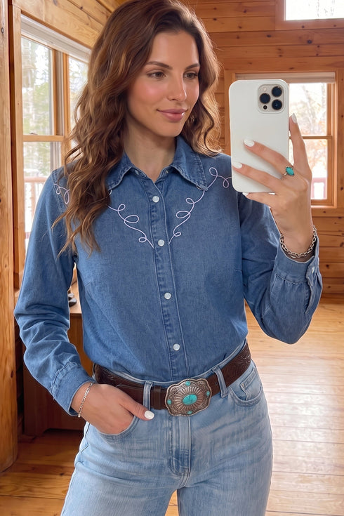 Embroidered Collar Western Long Sleeve Denim Shirt