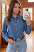 Western Embroidered Collar Long Sleeve Denim Blouse
