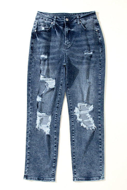 Distressed Frayed Slim Fit High Waist Denim Jeans