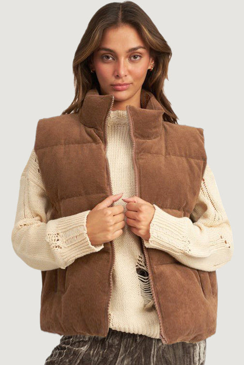 Textured Corduroy Stand Neck Zipped Puffer Vest