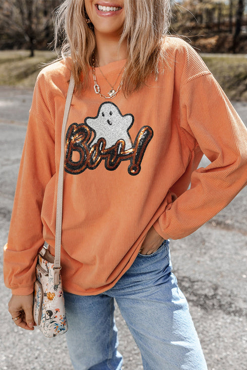 Sequin Ghost Letter Graphic Corded Texture Sweatshirt