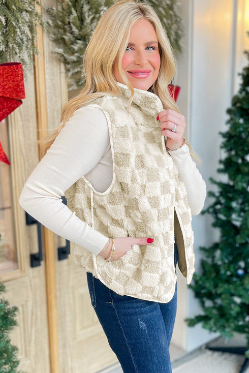 Checkered Sherpa Fleece Snap Button Pocket Vest