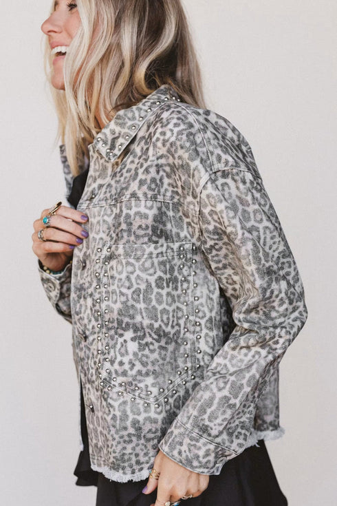Leopard Print Studded Collar Beaded Patch Pocket Jacket