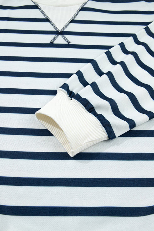 Striped Ribbed Cuff Collar Pocket Loose Pant Set