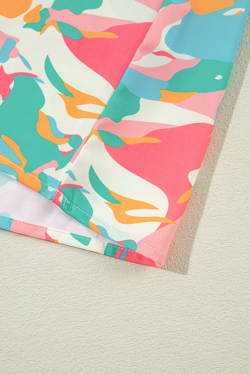 Abstract Print Ruffle Sleeve Smocked Wide Leg Pant Sets