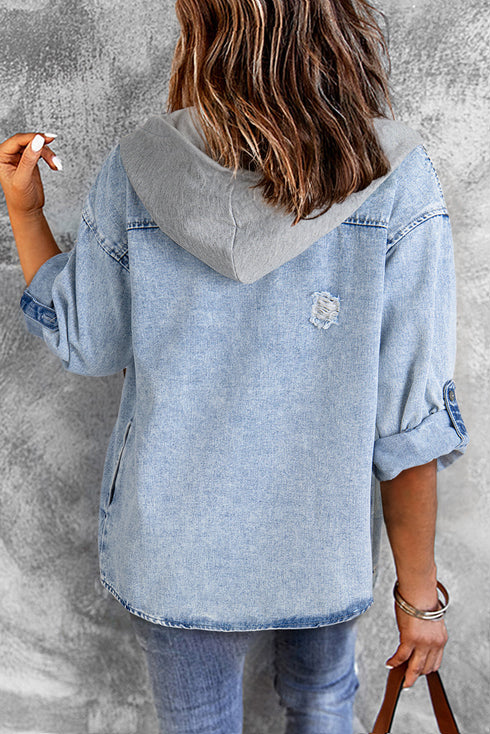 Casual Oversized Solid Print Hooded Denim Jacket