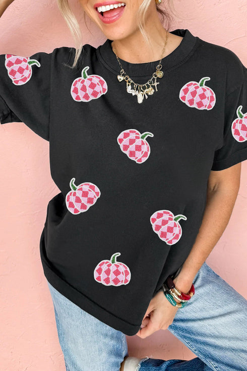 Sequined Plaid Pumpkin Round Neck Graphic Sweatshirt