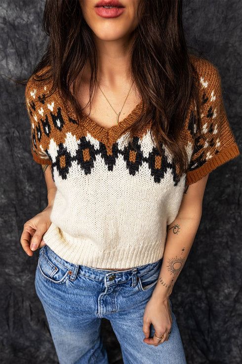 V Neck Short Sleeve Geometric Print Western Knit Sweater