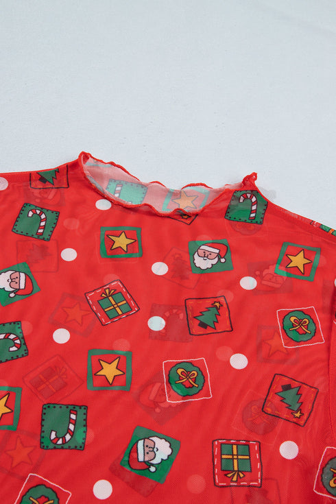 Playful Festive Element Print Sheer Mesh Top