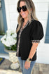 Mixed Pattern Trim Puff Sleeve Button Front Blouse