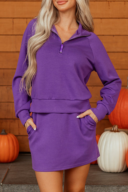 Sporty Half Zip Pullover Mini Skort Two Piece Dress