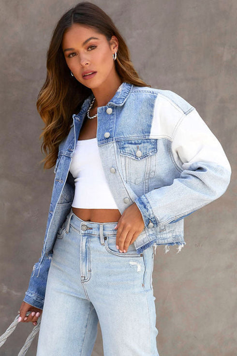 Casual Patchwork Distressed Frayed Hem Denim Jacket