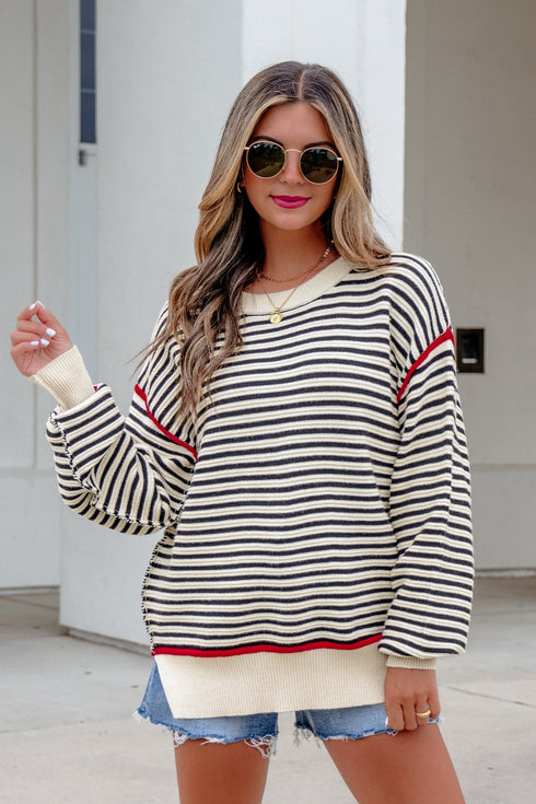 Striped Ribbed Trim Drop Shoulder Oversized Sweater