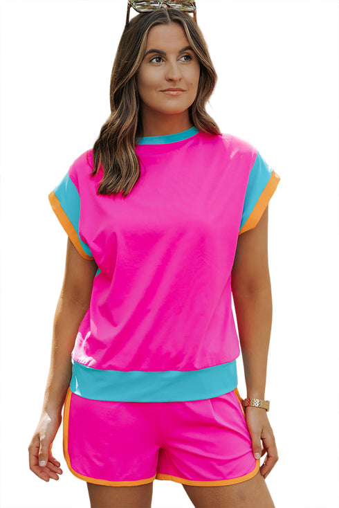 Casual Blocked Pattern Patchwork Cap Sleeve Short Set