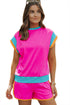 Casual Blocked Pattern Patchwork Cap Sleeve Short Set