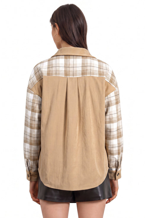 Polyester Plaid Pattern Shirt Collar Shift Jacket