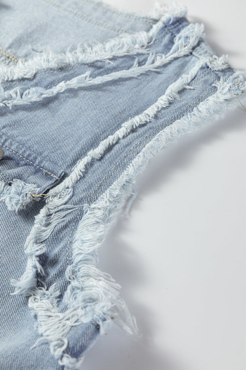 Modern Solid Frayed Edge Flap Pocket Denim Vest