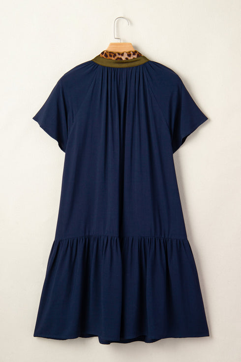 Western Leopard Print Button Detail Short Sleeve Tunic Mini Dress