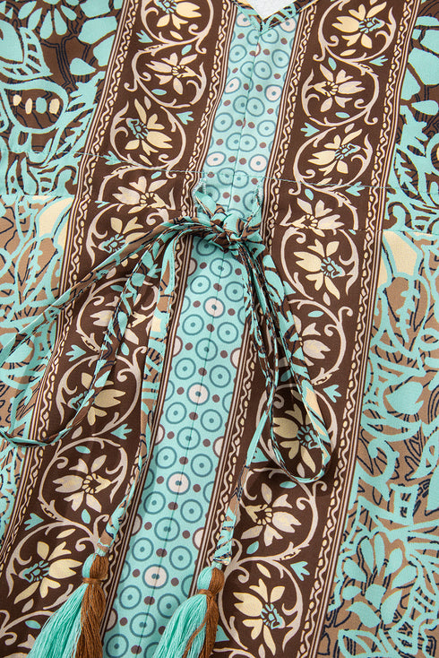 Bohemian V Neck Backless Ruffled Tassel Waist Maxi Floral Dress