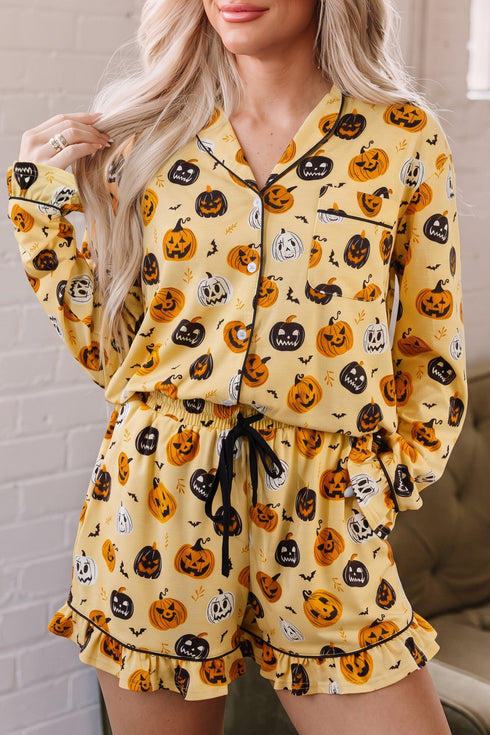 Pumpkin Face Print Ruffle Long Sleeve Two Piece Lounge Set