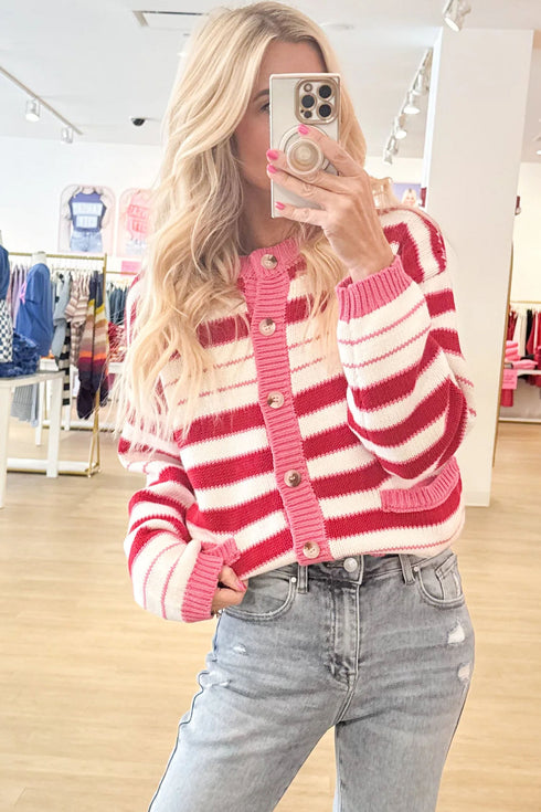 Striped V Neck Long Sleeve Regular Fit Cardigan