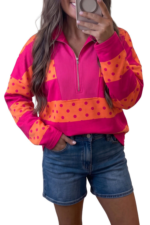 Stripe Patchwork Polka Dot Quarter Zip Long Sleeve Top