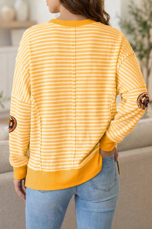 Sequin Pumpkin Face Stripe Split Side Long Sleeve Tee