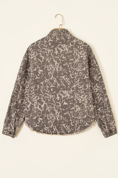 Abstract Camo Print Raw Hem Long Sleeve Collared Jacket