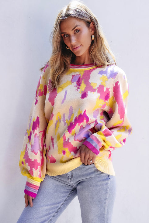 Abstract Print Ribbed Trim Pullover Knit Sweater