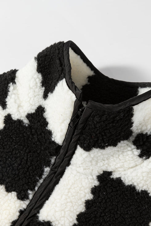 Casual Checkered Print Fleece Sherpa Collared Vest