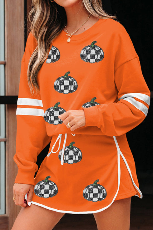 Rhinestone Pumpkin Print Long Sleeve Shift Skirt Set