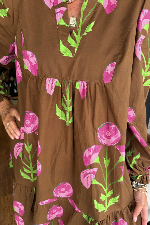 Bohemian Tunic Puff Sleeve Ruffled Babydoll Floral Dress